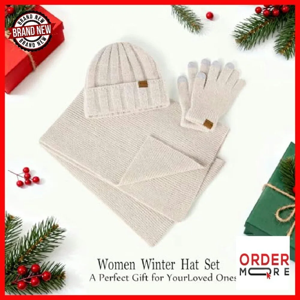Premium Winter Beanie Scarf Gloves Set Touchscreen Warm Unisex